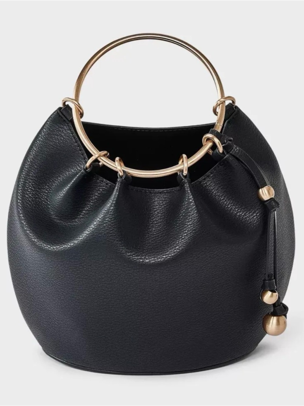 A New Day Black Faux Leather Ring Handle Bucket Bag Chic Gold Hardware Purse NWT